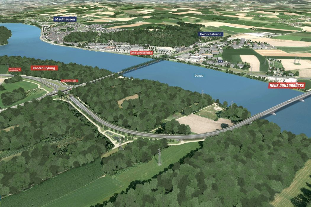 Planungsansicht der Straßenführung mit Donaubrücke und markierten Abzweigungen