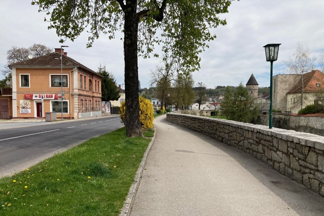 Straßenabschnitt mit breitem Gehweg und Baumbestand entlang der Promenade in Freistadt