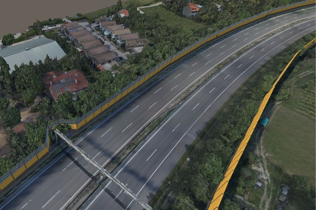 Luftaufnahme der A21 mit verengten Fahrspuren und Bauabschnitt für Pannenstreifenverlegung
