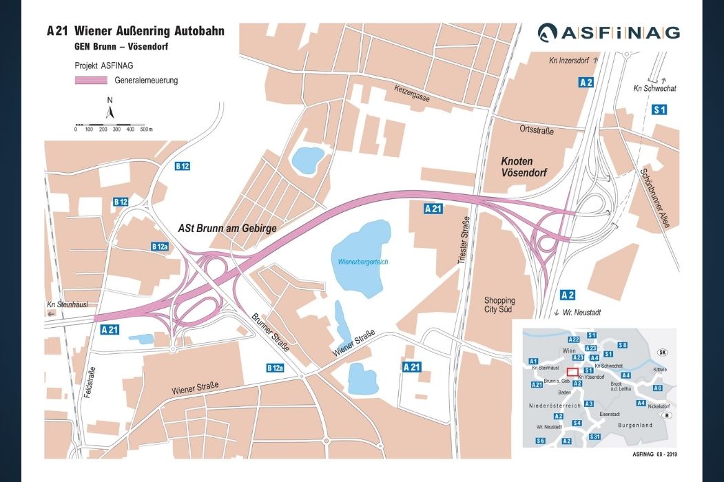 Planzeichnung zur Generalerneuerung der A21 mit Detailansicht von Knoten Vösendorf bis Anschlussstelle Brunn