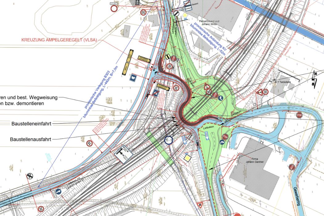 Planungszeichnung mit Umleitungs- und Verkehrsführungselementen bei Hollabrunn