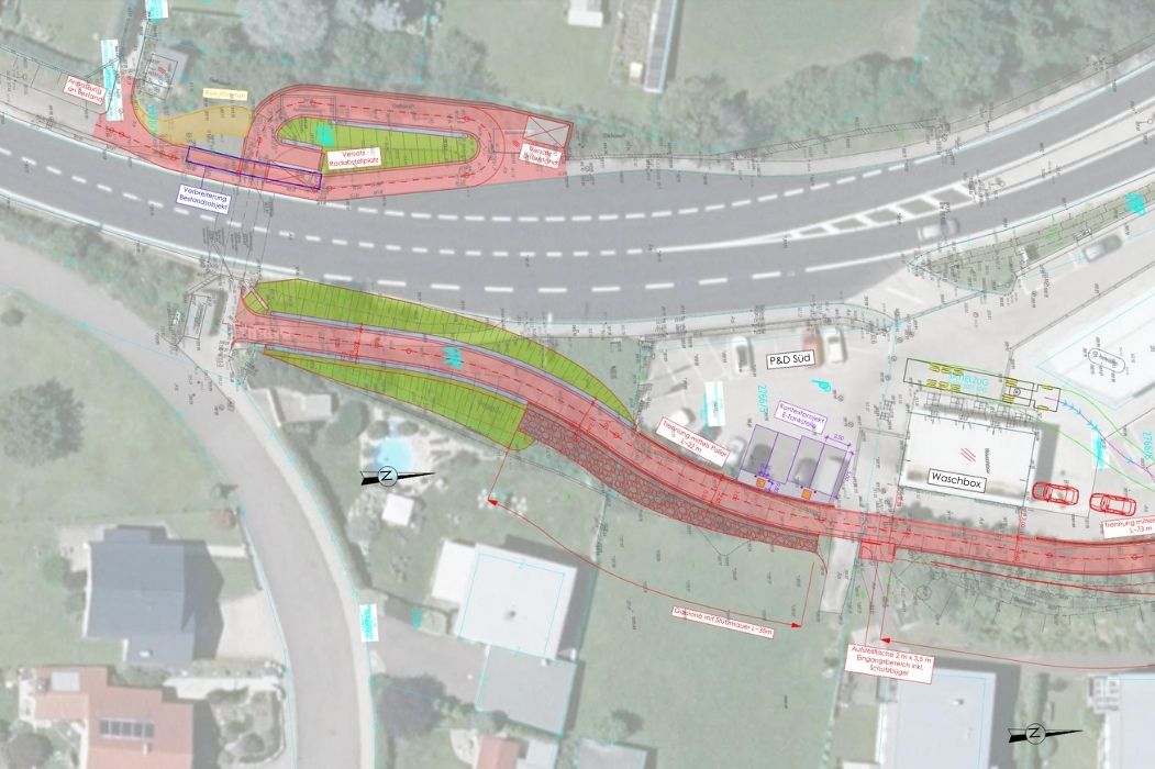 Luftbild mit Planungseintragungen für Geh- und Radweg entlang der Prager Straße am Linzerberg