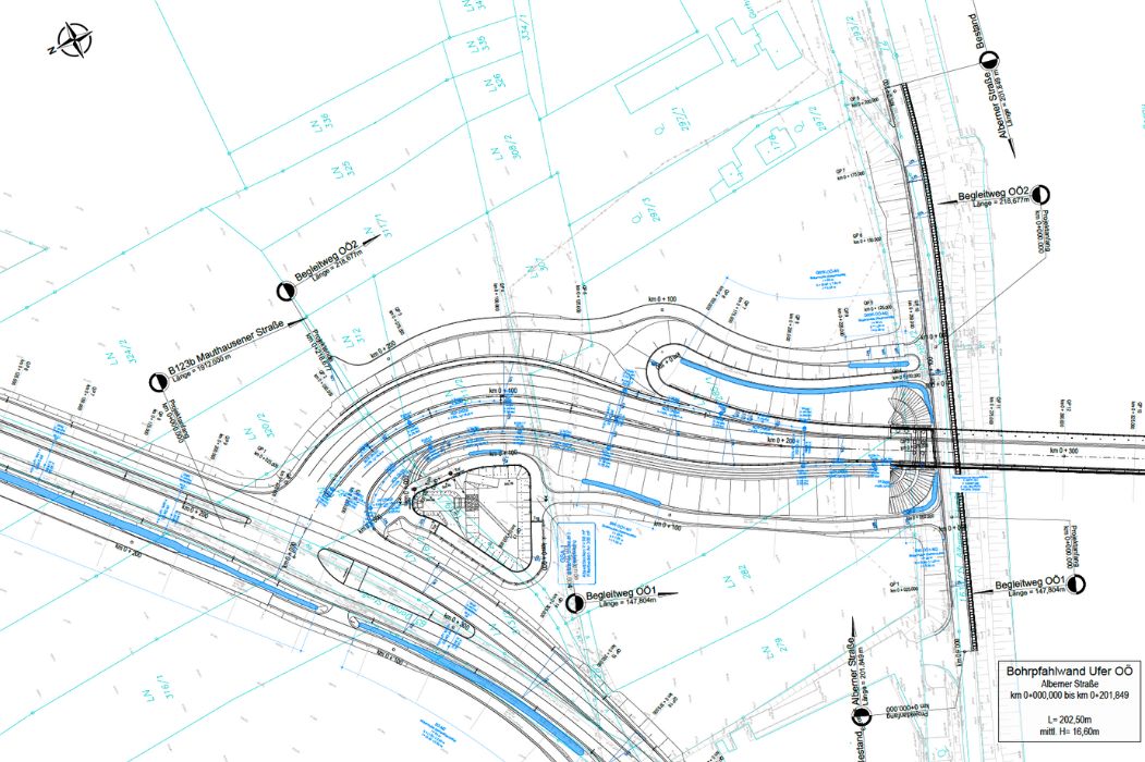 Technische Planzeichnung der Straßen- und Entwässerungsführung an der B123b bei der Donaubrücke