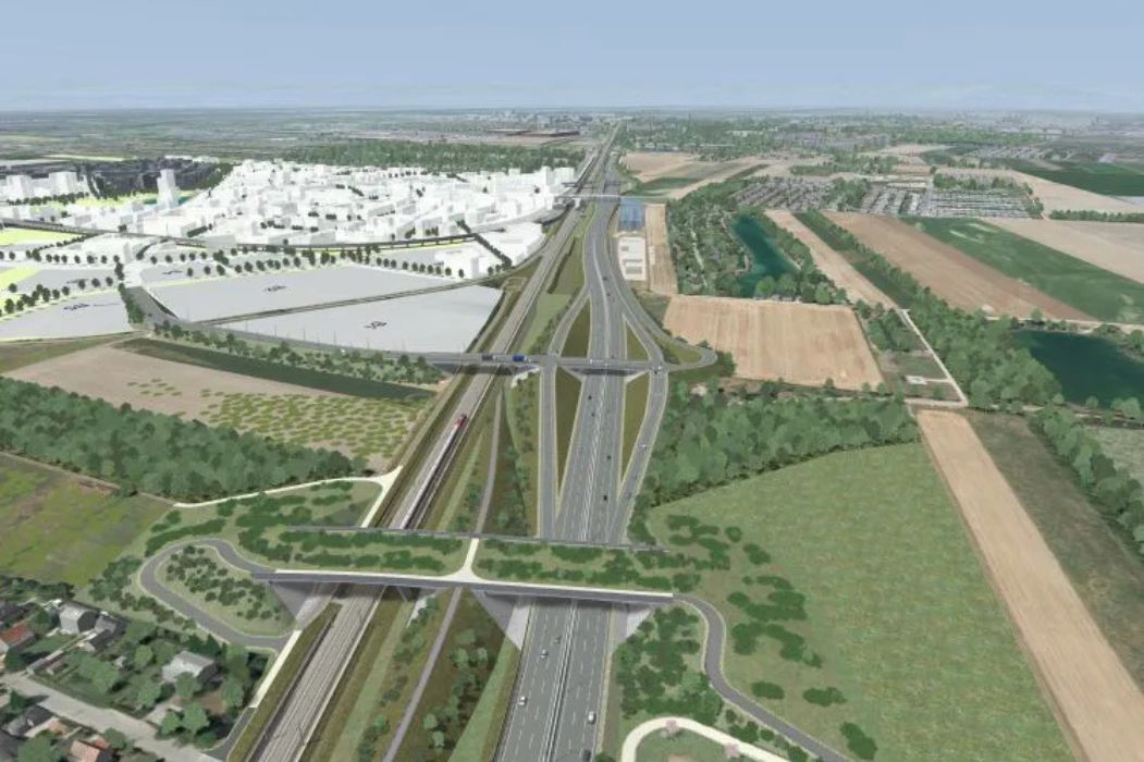 Visualisierung einer geplanten Straßenverbindung zur Seestadt Aspern mit Anschluss an die S1